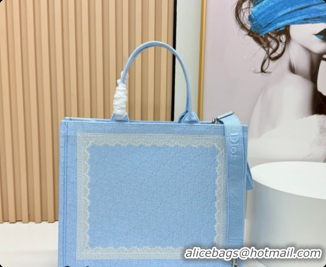 Most Popular Dior Men's Large Book Tote Bag in Céleste Blue Dior Oblique Embroidery with White Lace and Dior Médaillon 0