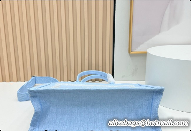 Most Popular Dior Men's Large Book Tote Bag in Céleste Blue Dior Oblique Embroidery with White Lace and Dior Médaillon 0