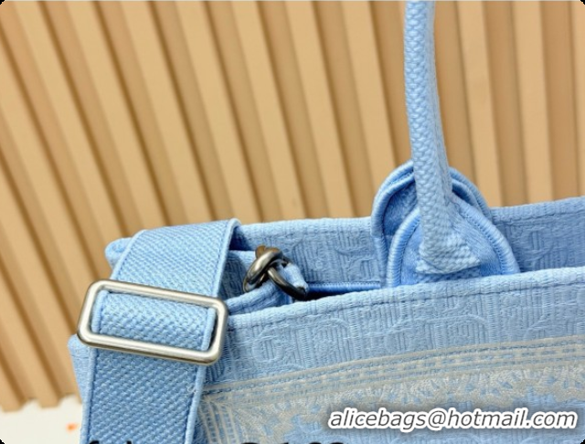 Most Popular Dior Men's Large Book Tote Bag in Céleste Blue Dior Oblique Embroidery with White Lace and Dior Médaillon 0