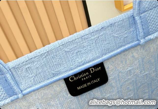 Most Popular Dior Men's Large Book Tote Bag in Céleste Blue Dior Oblique Embroidery with White Lace and Dior Médaillon 0