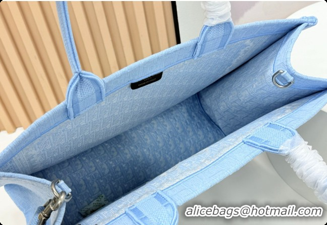 Most Popular Dior Men's Large Book Tote Bag in Céleste Blue Dior Oblique Embroidery with White Lace and Dior Médaillon 0