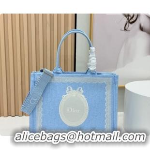 Crafted Dior Men's Medium Book Tote Bag in Céleste Blue Dior Oblique Embroidery with White Lace and Dior Médaillon 04081