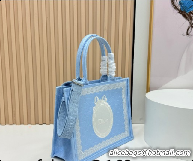 Crafted Dior Men's Medium Book Tote Bag in Céleste Blue Dior Oblique Embroidery with White Lace and Dior Médaillon 04081