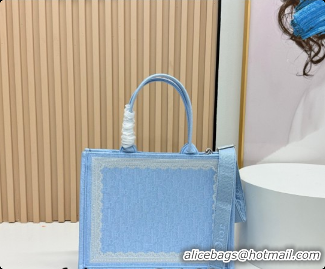 Crafted Dior Men's Medium Book Tote Bag in Céleste Blue Dior Oblique Embroidery with White Lace and Dior Médaillon 04081