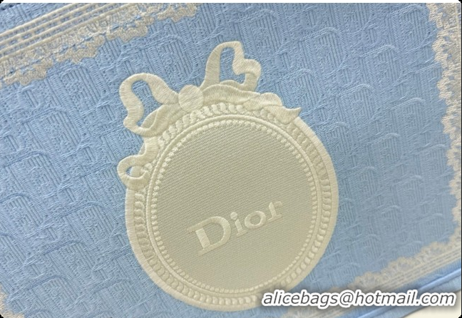 Crafted Dior Men's Medium Book Tote Bag in Céleste Blue Dior Oblique Embroidery with White Lace and Dior Médaillon 04081