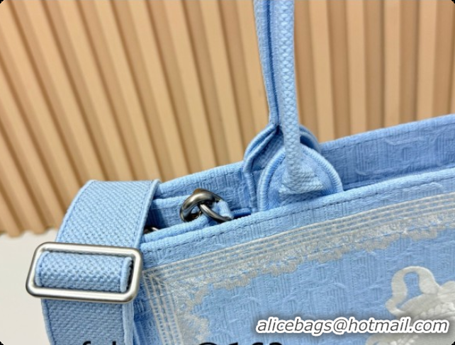 Crafted Dior Men's Medium Book Tote Bag in Céleste Blue Dior Oblique Embroidery with White Lace and Dior Médaillon 04081