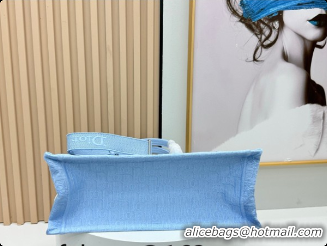 Crafted Dior Men's Medium Book Tote Bag in Céleste Blue Dior Oblique Embroidery with White Lace and Dior Médaillon 04081