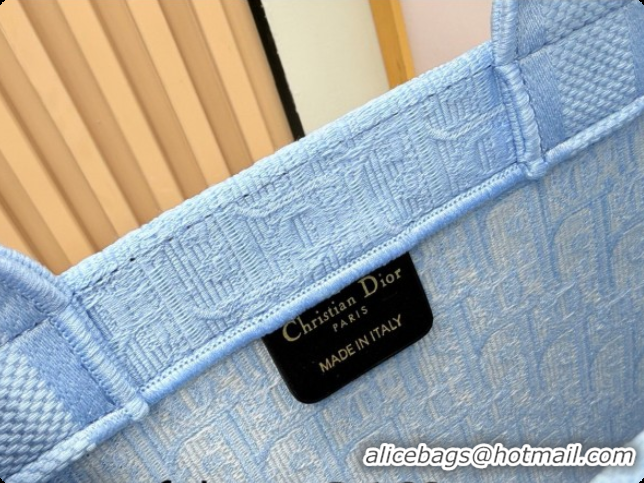 Crafted Dior Men's Medium Book Tote Bag in Céleste Blue Dior Oblique Embroidery with White Lace and Dior Médaillon 04081
