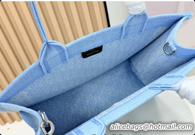 Crafted Dior Men's Medium Book Tote Bag in Céleste Blue Dior Oblique Embroidery with White Lace and Dior Médaillon 04081