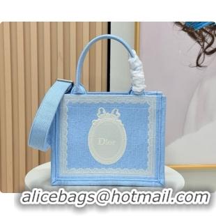 Good Looking Dior Men's Small Book Tote Bag in Céleste Blue Dior Oblique Embroidery with White Lace and Dior Médaillon 0