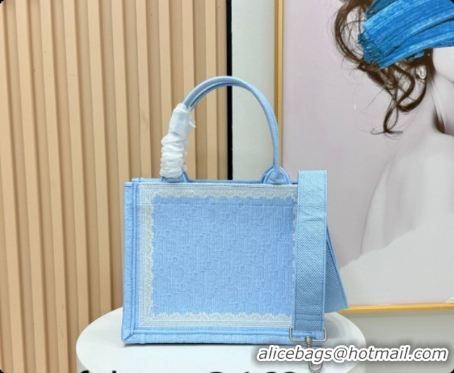 Good Looking Dior Men's Small Book Tote Bag in Céleste Blue Dior Oblique Embroidery with White Lace and Dior Médaillon 0