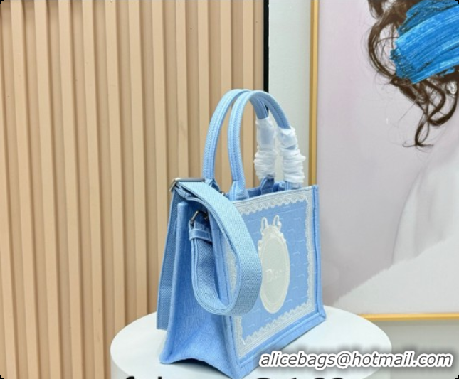 Good Looking Dior Men's Small Book Tote Bag in Céleste Blue Dior Oblique Embroidery with White Lace and Dior Médaillon 0