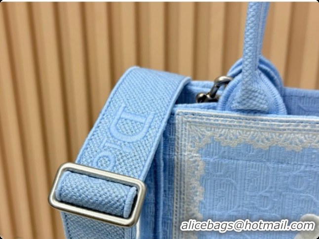 Good Looking Dior Men's Small Book Tote Bag in Céleste Blue Dior Oblique Embroidery with White Lace and Dior Médaillon 0