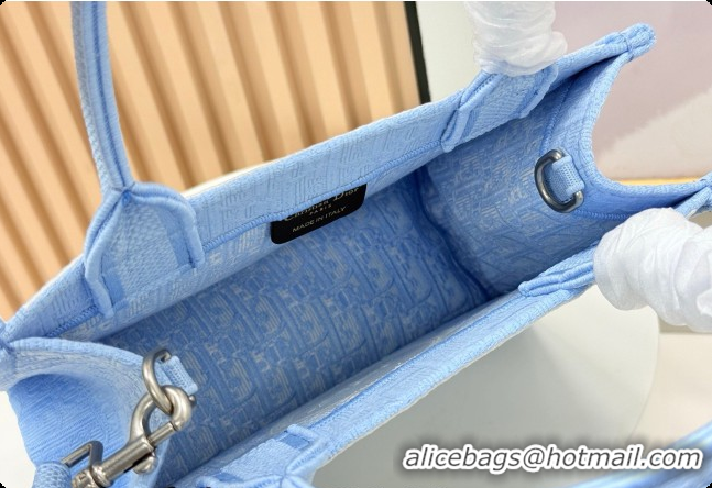 Good Looking Dior Men's Small Book Tote Bag in Céleste Blue Dior Oblique Embroidery with White Lace and Dior Médaillon 0