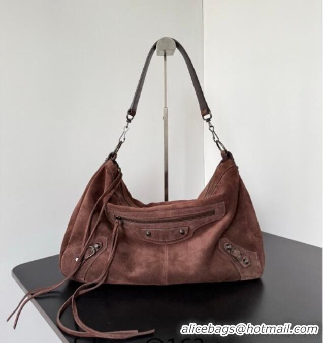 Famous Brand Balenciaga Le City Moto Medium Shoulder Bag in Suede 0905 Dark Brown 2026