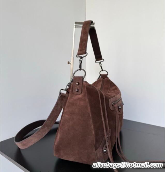 Famous Brand Balenciaga Le City Moto Medium Shoulder Bag in Suede 0905 Dark Brown 2026