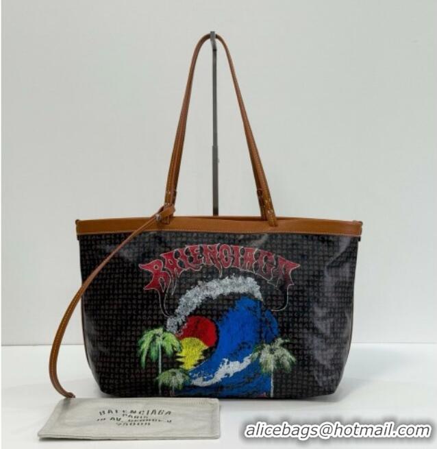 Famous Brand Balenciaga Medium Select Tote Bag in Black Coated Canvas with red vintage surfer artwork printed 90818 2026