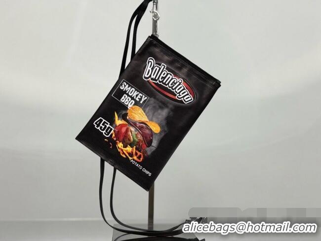 Grade Quality Balenciaga Smokey BBQ Chips Phone Holder Pouch in glossy calfskin 90831 Black 2026