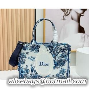 Grade Design Dior Men's Medium Book Tote Bag in Blue Toile de Jouy Floral Garden Embroidery and White Dior Médaillon 408