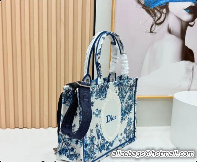 Grade Design Dior Men's Medium Book Tote Bag in Blue Toile de Jouy Floral Garden Embroidery and White Dior Médaillon 408