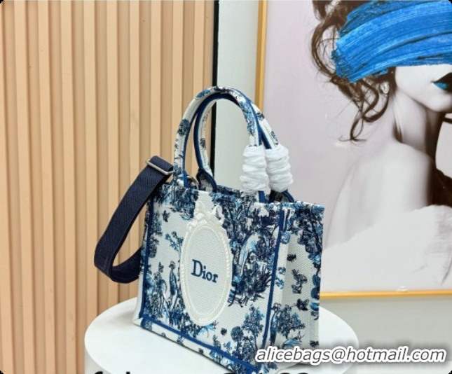 Good Quality Dior Men's Small Book Tote Bag in Blue Toile de Jouy Floral Garden Embroidery and White Dior Médaillon 0408