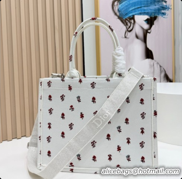 New Style Dior Medium Book Tote Bag in White Revolution Flowers Embroidery with Dior Médaillon 0408132 2026