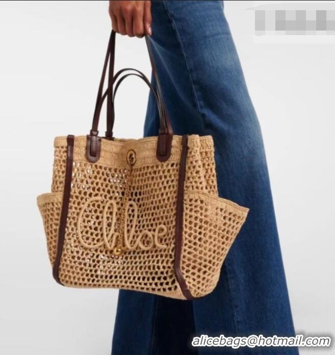 Luxury Discount Chloe Raffia Straw & Leather Large Tote Bag 0226 Beige 2026