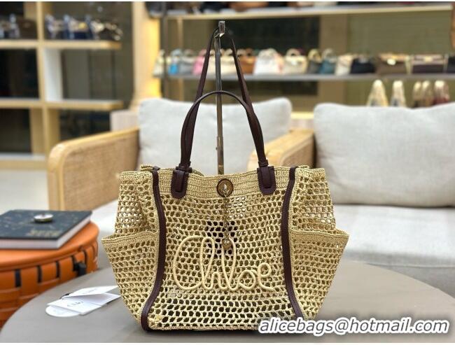 Luxury Discount Chloe Raffia Straw & Leather Large Tote Bag 0226 Beige 2026