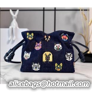 Low Cost Louis Wain x Loewe Mini Flamenco Clutch in Cat Embroidered Denim L17058 Blue 2026