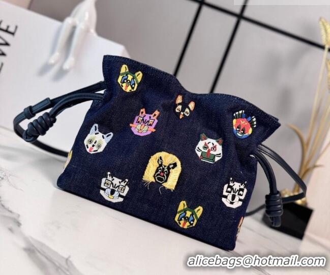 Low Cost Louis Wain x Loewe Mini Flamenco Clutch in Cat Embroidered Denim L17058 Blue 2026