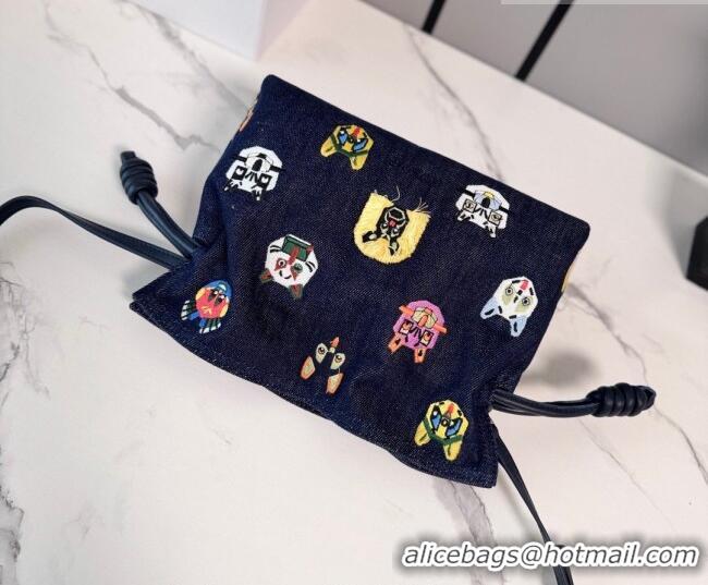 Low Cost Louis Wain x Loewe Mini Flamenco Clutch in Cat Embroidered Denim L17058 Blue 2026