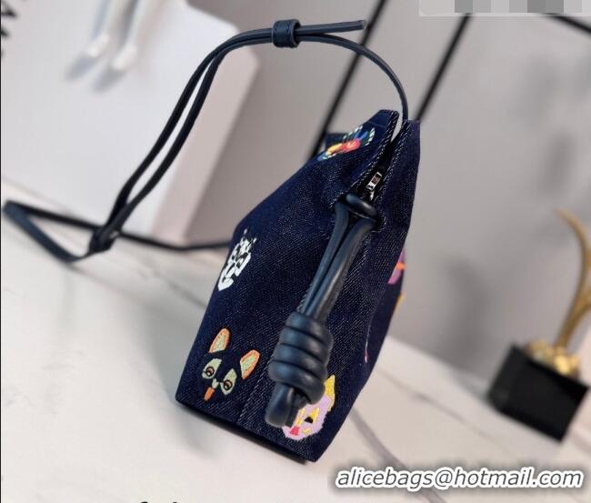 Low Cost Louis Wain x Loewe Mini Flamenco Clutch in Cat Embroidered Denim L17058 Blue 2026