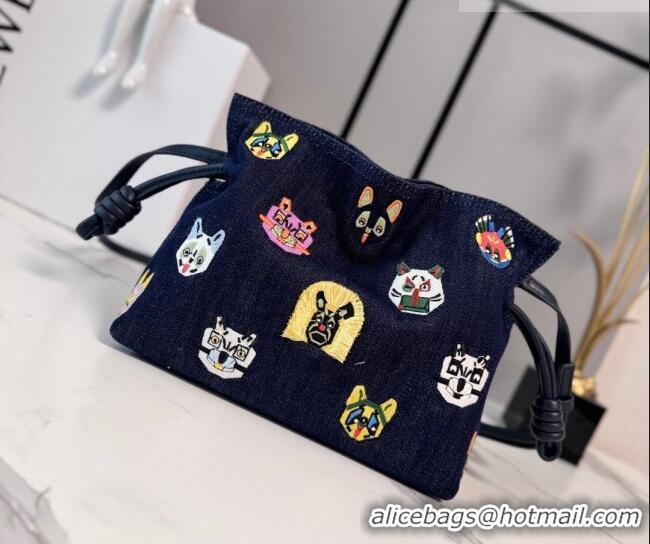 Low Cost Louis Wain x Loewe Mini Flamenco Clutch in Cat Embroidered Denim L17058 Blue 2026