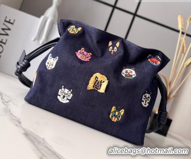 Original Cheap Louis Wain x Loewe Medium Flamenco Clutch in Cat Embroidered Denim L17059 Blue 2026
