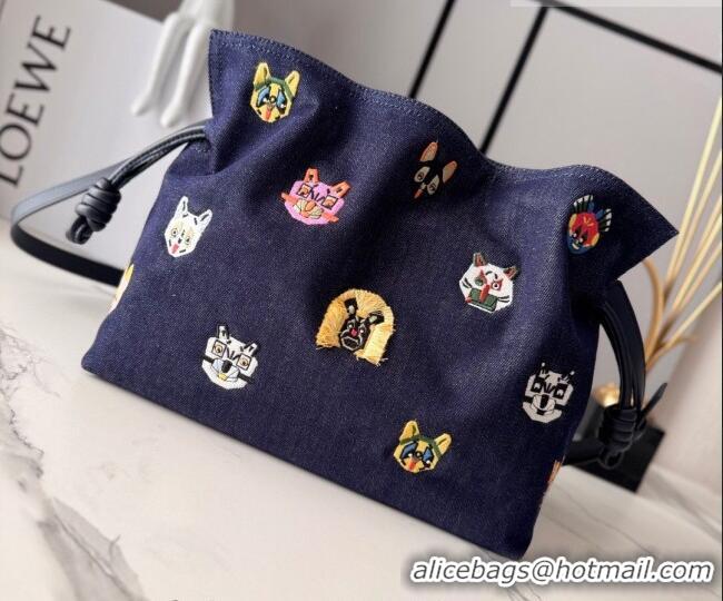 Original Cheap Louis Wain x Loewe Medium Flamenco Clutch in Cat Embroidered Denim L17059 Blue 2026
