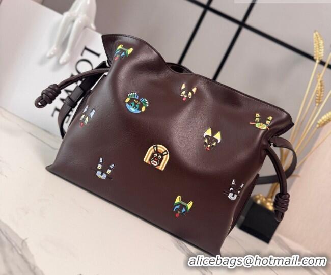 Luxury Cheap Louis Wain x Loewe Medium Flamenco Clutch in Cat Embroidered Nappa Calfskin Leather L17061 Brown 2026