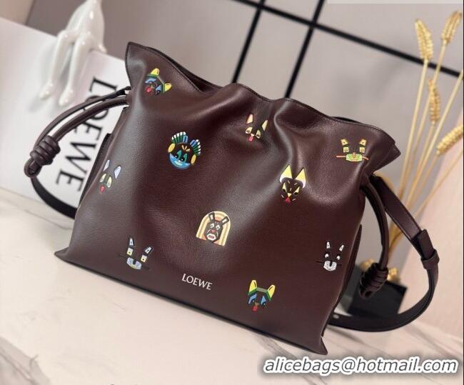 Luxury Cheap Louis Wain x Loewe Medium Flamenco Clutch in Cat Embroidered Nappa Calfskin Leather L17061 Brown 2026
