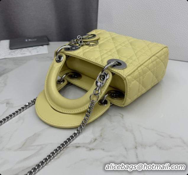 New Style Dior Classic Mini Lady Dior Bag in Cannage Lambskin M0505 Chick Yellow/Silver 2026