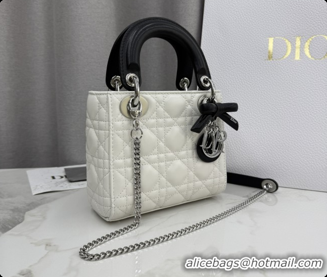 Unique Grade Dior Mini Lady Dior Bag in Cannage Lambskin with Bow D6603 White/Black 2026