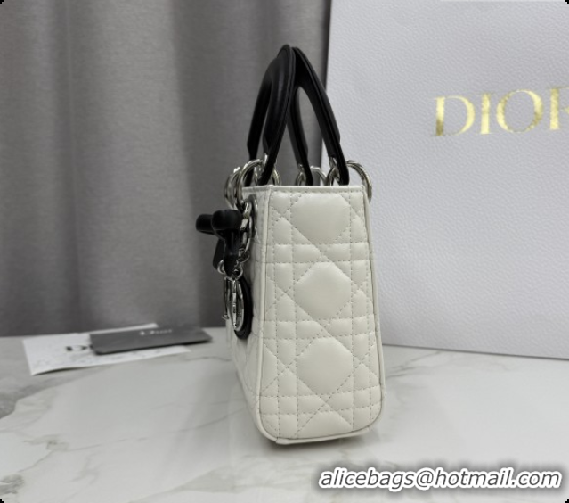 Unique Grade Dior Mini Lady Dior Bag in Cannage Lambskin with Bow D6603 White/Black 2026