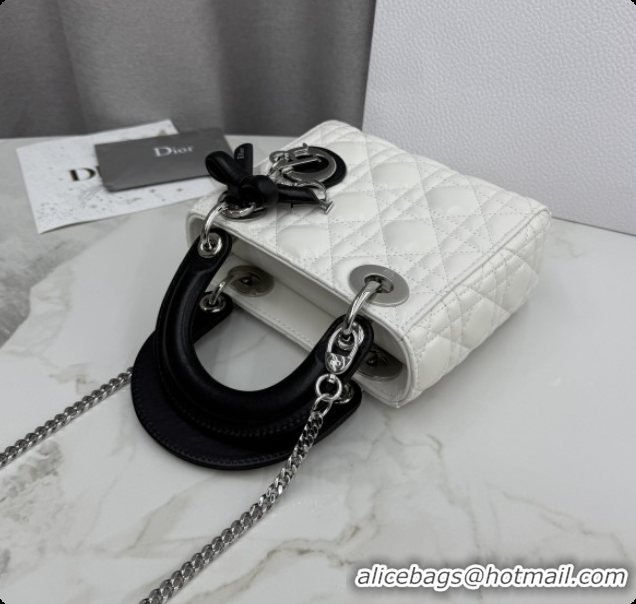 Unique Grade Dior Mini Lady Dior Bag in Cannage Lambskin with Bow D6603 White/Black 2026