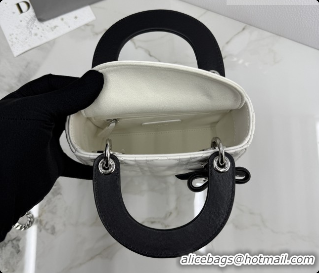 Unique Grade Dior Mini Lady Dior Bag in Cannage Lambskin with Bow D6603 White/Black 2026