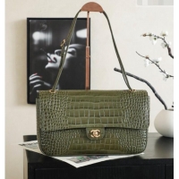 Buy Discount Chanel Maxi Flap Bag in Crocodile Pattern Calfskin AS6231 Green/Gold 2026