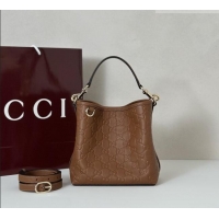Best Quality Gucci GG Leather Emblem Small Bucket Bag 815118 Brown 2025