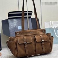Well Crafted Prada Route Medium Suede Leather Tote Bag 1BG645 Brown 2026