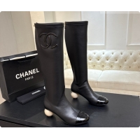 Unique Discount Chanel Lambskin & Patent Leather High Boots with Maxi Pearl Heel CH090933 Black 2026