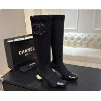 Buy Discount Chanel Suede & Patent Leather High Boots with Maxi Pearl Heel CH090934 Black 2026 