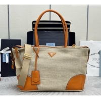 Well Crafted Prada Large Linen and Leather Tote Bag 1BG659 Brown/Natural 2026