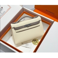 Best Grade Hermes Kelly Pochette Swift Bag 22cm in Cow Leather H0414 White/Grey 2026 (Half Handmade)