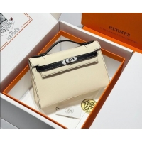 Top Design Hermes Kelly Pochette Swift Bag 22cm in Cow Leather H0414 White/Black2 2026 (Half Handmade)
